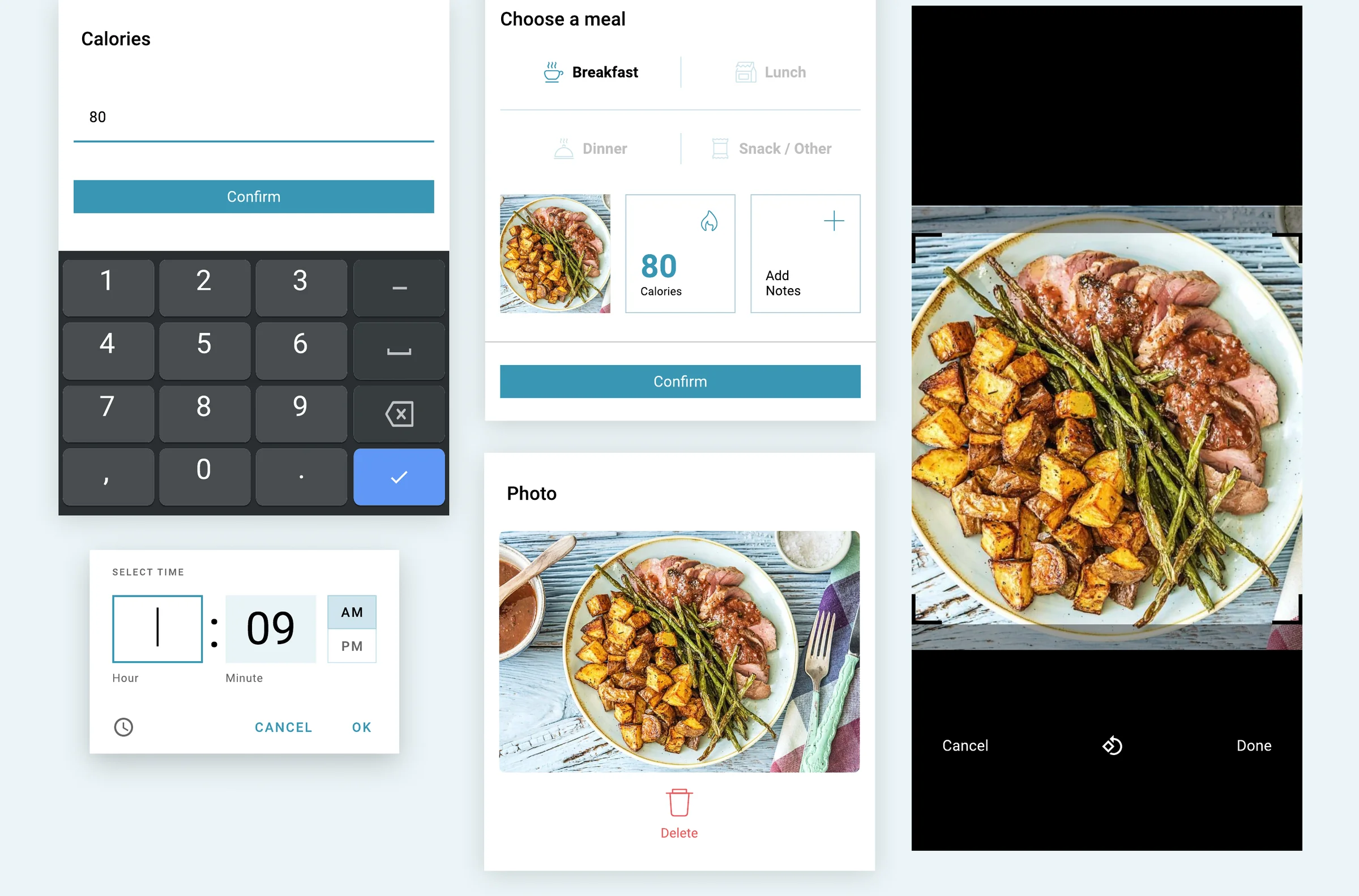 Componentes de UI: registro de refeição e seletor de hora