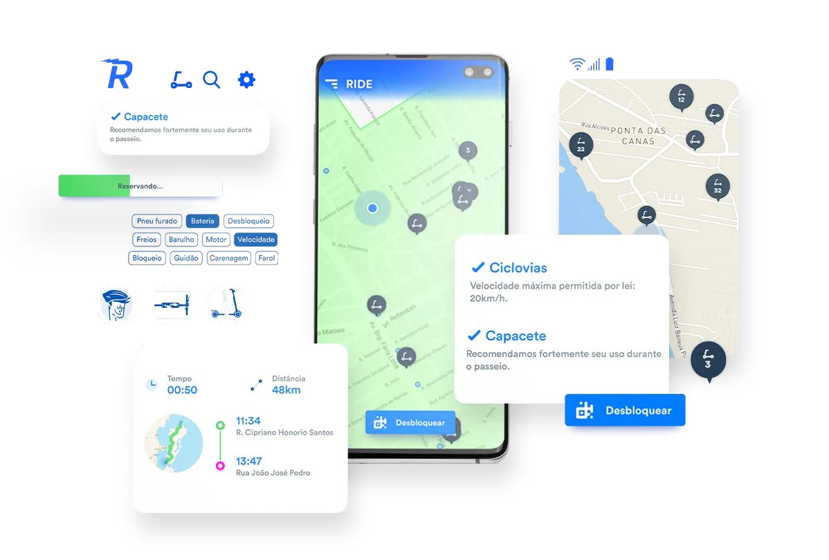 Mockup do app: mapa, desbloqueio e ciclovias